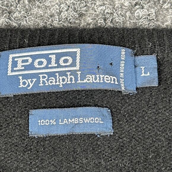 Polo Ralph Lauren Sweater Men's L Black 100% Lambs Wool V Neck Pullover Vintage - Picture 3 of 6